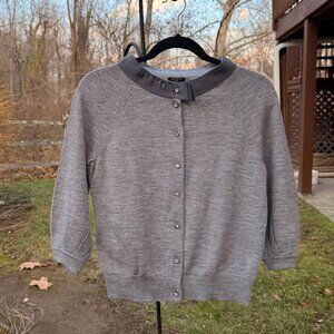 Gray 100% Merino Wool Cardigan with Ribbon Collar and Crystal Buttons